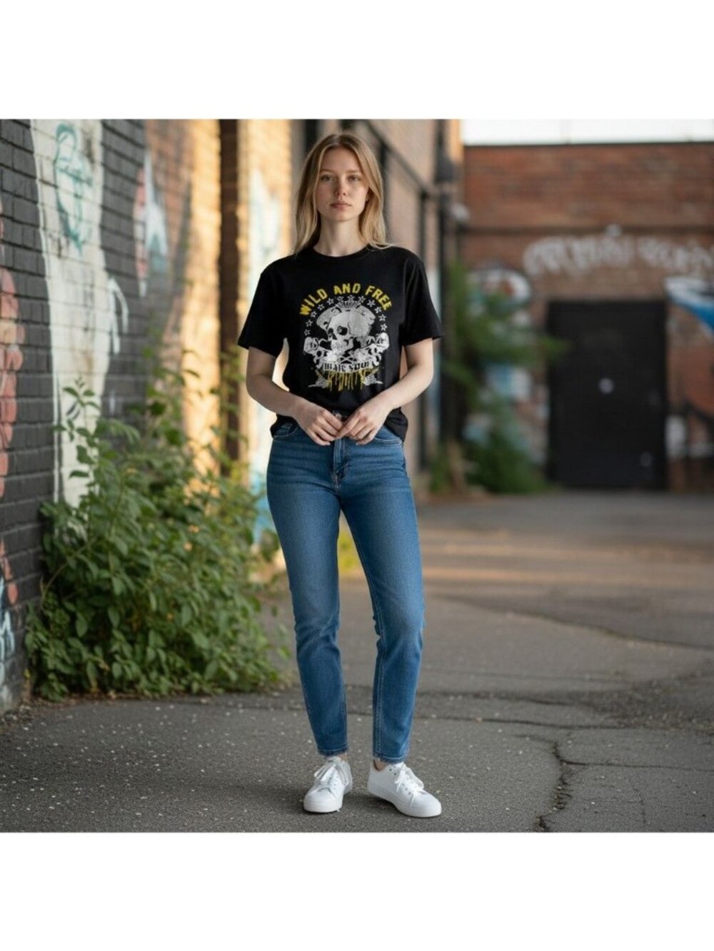 Wild And Free Graphic Skull Tee Black Cotton Distressed Neckline Womens Casual T